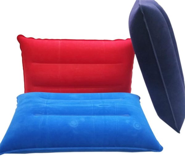 Inflatable Pillow for Camping Travel Pillow Flocked Fabric Air Pillow for Comfortable, Ergonomic Inflating Pillows for Neck & Lumbar Support While Camp Hiking Backpacking (Purple , Red, Royal Blue)