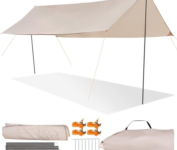 Camping Tarp with Poles, 10 x 16.4 ft Large Camping Awning, Waterproof Tent Tarp, Picnic, Beach, Outdoor Activities, Hammock, Garden, Car