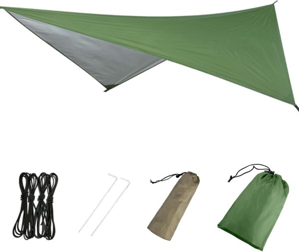 Hammock Camping Tarp Rain Fly, Waterproof Tent Footprint Shelter Canopy Sunshade Cloth Picnic Mat for Outdoor Awning Hiking Beach Backpacking - Included Guy Lines & Stakes (Green)