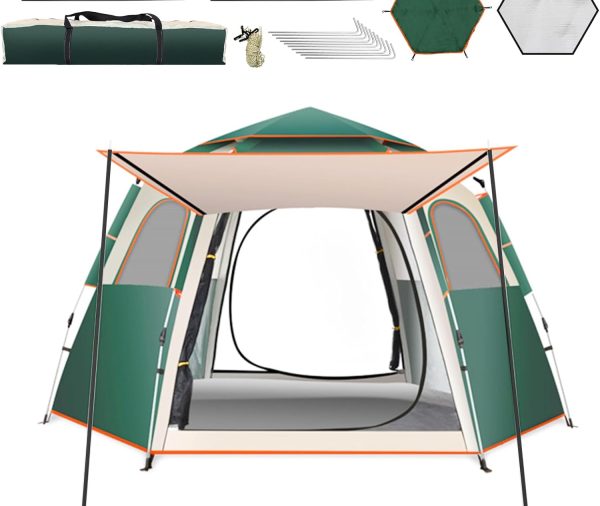 Camping Tent Large Tent 87" L 73" W 40" H with Instant Setup Outdoor Tent with 2 Doors,3 Windows,Removable Rainfly, Hexagonal Moisture-Proof Pad and Carry Bag,4/6/8 Person Weatherproof