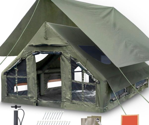 Inflatable Camping Tent, Luxury 4 Season Family Glamping Tents 10ft x 13.2ft x 7ft with Pump, Waterproof Canopy, Mesh Windows & Door, Clear Curtains & Skyligh, for 4-8 Person Travel & Adventure