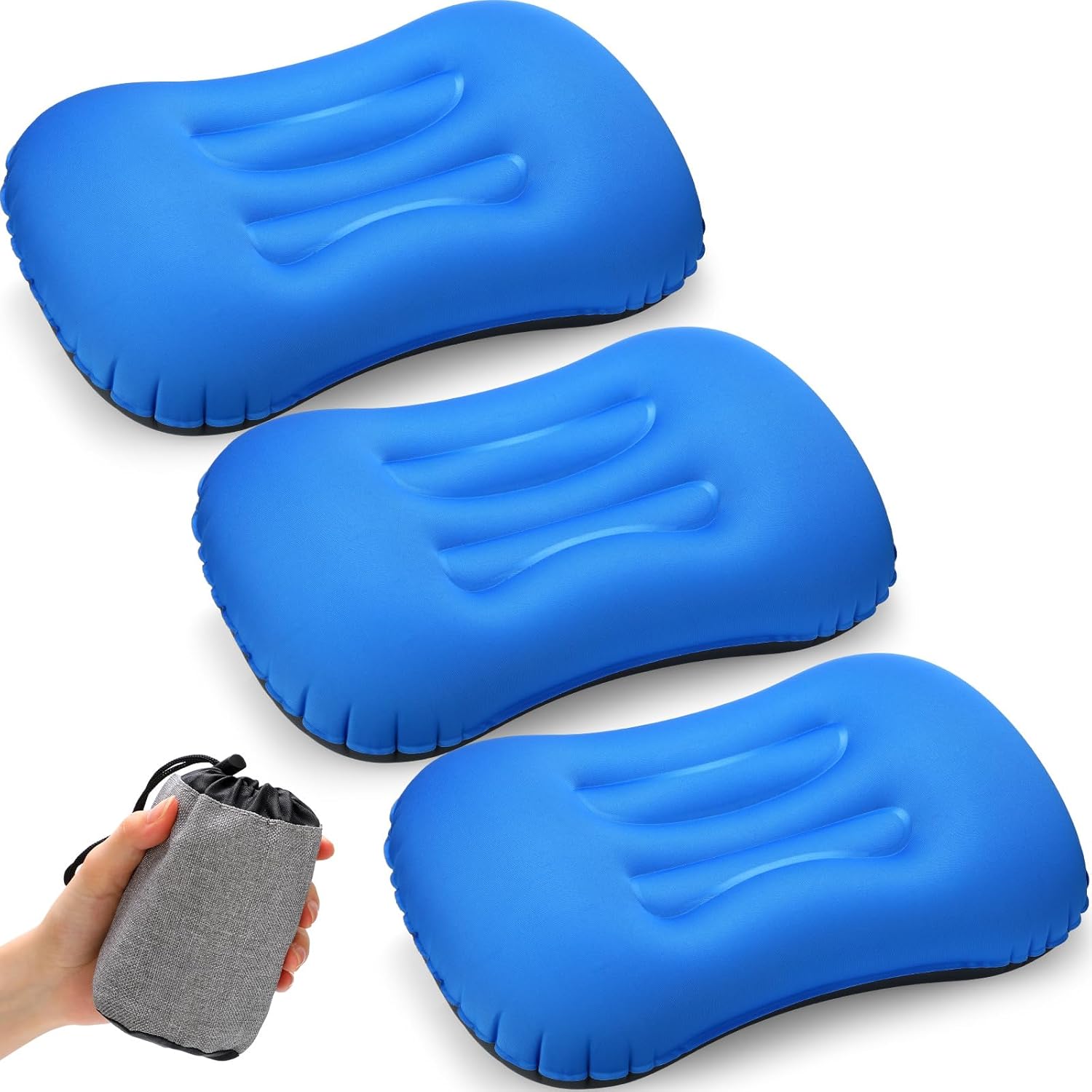 3 Pcs Inflatable Camping Travel Pillow Ultralight Inflating Pillows Lightweight Camping Pillow Portable Backpacking Pillow for Neck Lumbar Support Hiking Sleeping Camping (Dark Blue)