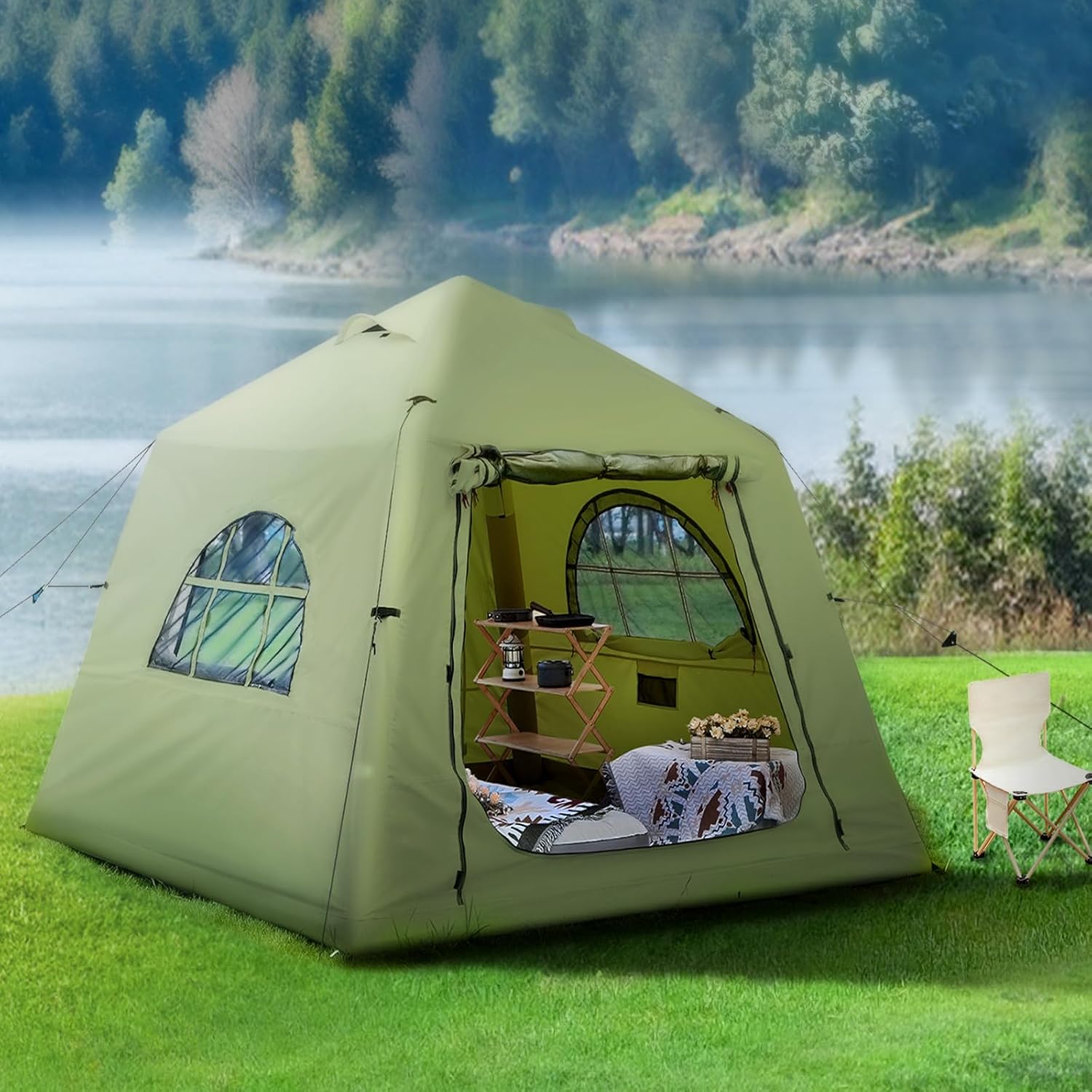 Upgraded 100% Waterproof Inflatable Camping Tent, Large Blow-Up Air Tent, No Assembly Needed Luxury Glamping House, Oxford Fabric