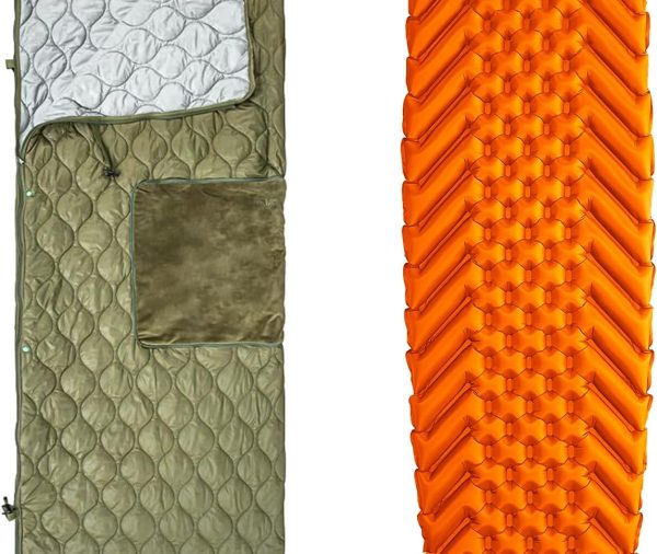 Sleeping Bag with Inflatable Sleeping Pad, Wearable Blanket Insulated Poncho Hooded, Sleepingbag Quilt for Winter Camping Hiking Sports