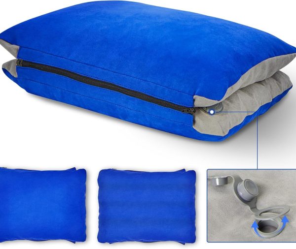 Inflatable Camping Pillow with Memory Foam and Washable Cover Camping Gear and Travel Pillow for Airplanes, Camping (Blue M)