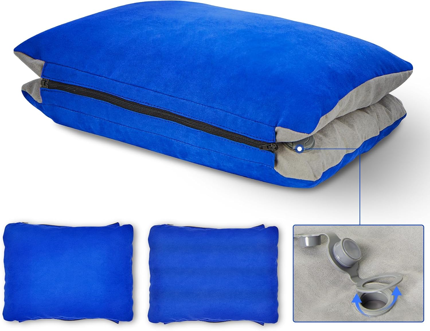Inflatable Camping Pillow with Memory Foam and Washable Cover Camping Gear and Travel Pillow for Airplanes, Camping (Blue M)
