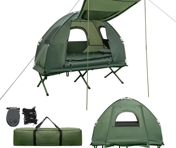 Tent Cot for Camping, All-in-1 Folding Tent Combo w/Air Mattress, 2 Sleeping Bags, Carry Bag & Foot Pump, Off Ground Travel Cot for Hiking, Backpacking, Fishing & Picnic