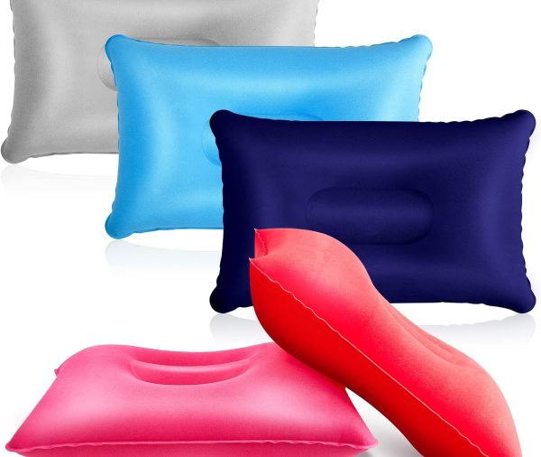 5 Pieces Inflatable Travel Pillow Portable Compact Air Pillow Flocked Fabric Backpacking for Camping Hiking Home Office Sleeping Neck Head Lumbar Support(13.39 x 8.66 Inches,Multicolor)