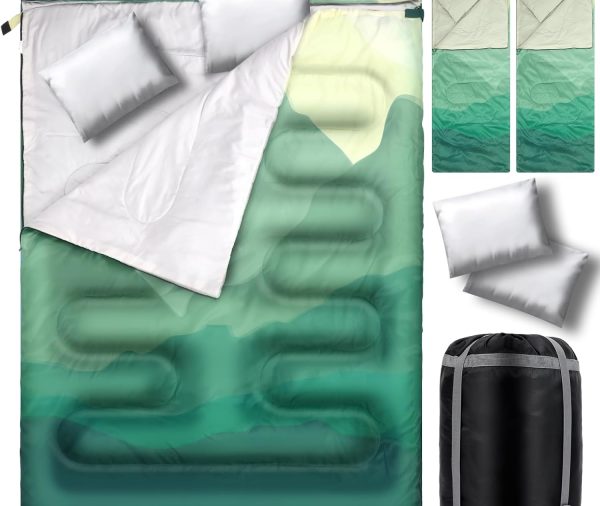 Double Sleeping Bag for Adults with Pillow Queen Size Waterproof Two Person Sleeping Bag for Outdoor Camping Hiking Backpacking All Season Cold Warm Weather