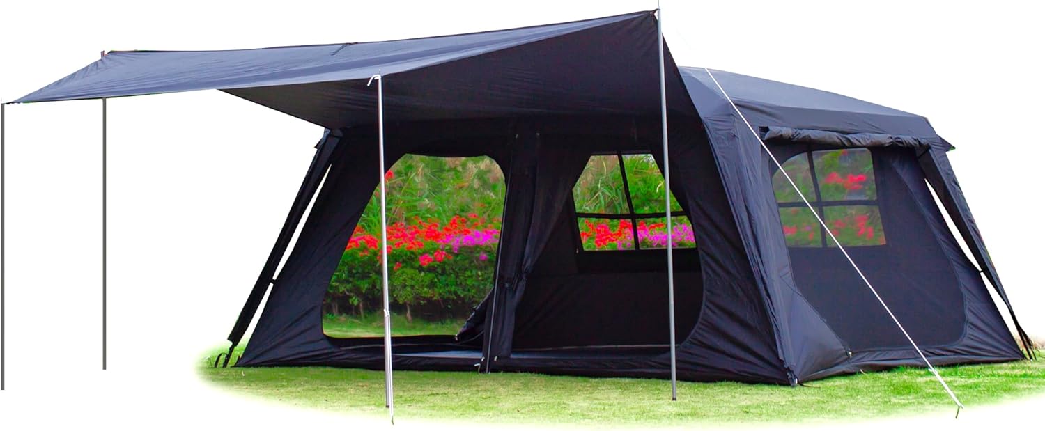 Extra Large Tent 12 Person,Awning Family Cabin Tents,2 Rooms,3 Doors and 3 Windows with Mesh,Straight Wall,Waterproof,Double Layer,Big Tent for Outdoor,Picnic,Camping,Family Gathering
