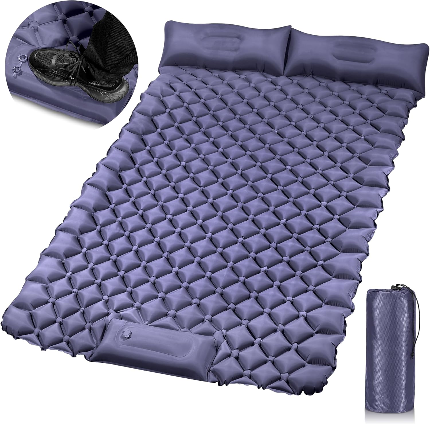Double Camping Pads for Sleeping, Ultralight Floor Mattresses for Sleeping with Built-in Pillow Foot Pump, Mattress Foldable for Tent, Backpacking, Hiking, Car Traveling, Navy Blue