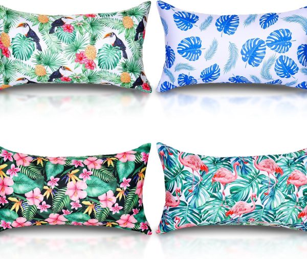 4 Pcs Inflatable Beach Pillow Portable Travel Camping Pillows Blow up Pillow with Tropical Leaves Pillow Covers for Hawaii Summer Pool Travel Vacations