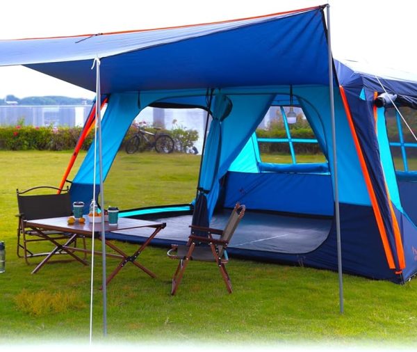Extra Large Tent 12 Person,Awning Family Cabin Tents,2 Rooms,3 Doors and 3 Windows with Mesh,Straight Wall,Waterproof,Double Layer,Big Tent for Outdoor,Picnic,Camping,Family Gathering